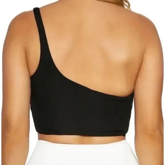 NAKED WARDROBE Black Ribbed Cropped One Shoulder Top Size XS - Picture 2 of 7